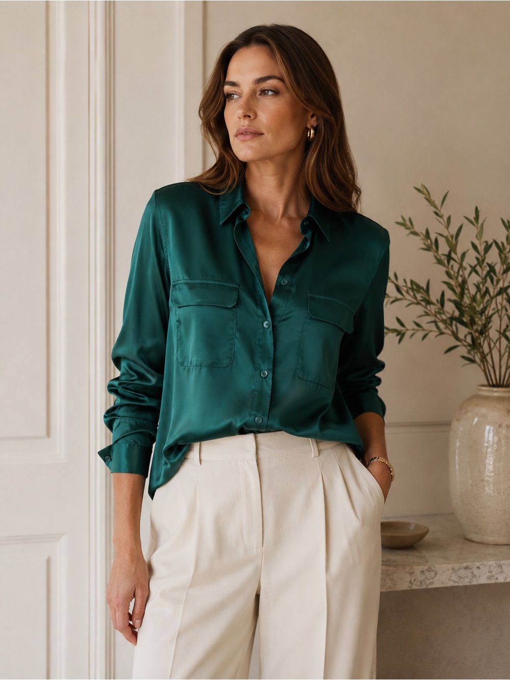 Equipment Emerald Green Silk Button Front Blouse Utility Pockets Size M